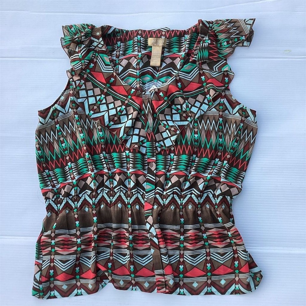 Miss Tina Women's Multicolor Geometric Smock Waist Sleeveless Blouse Size XXL